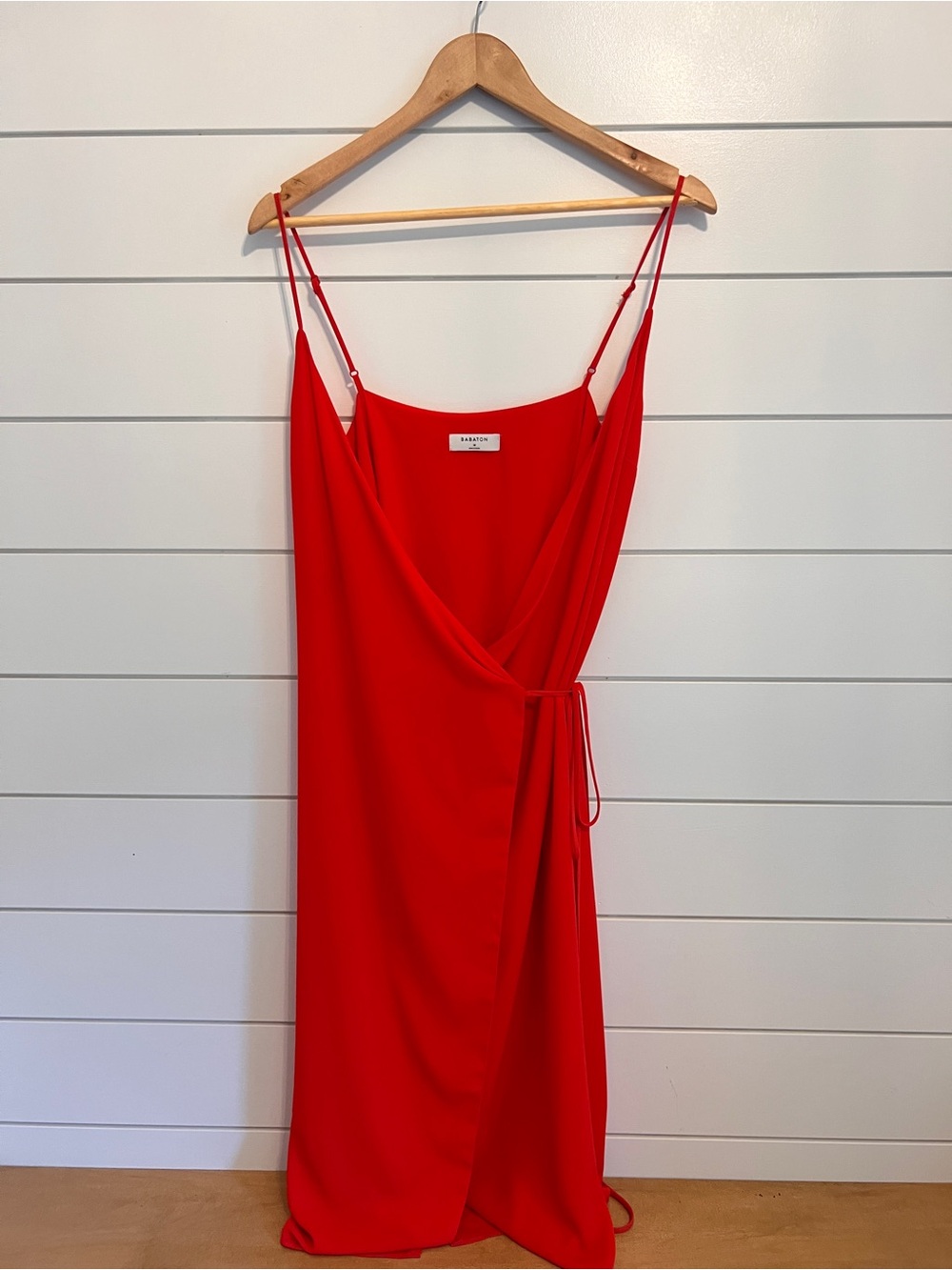 Babaton Red Slip Wrap Midi Dress with Tie Waist